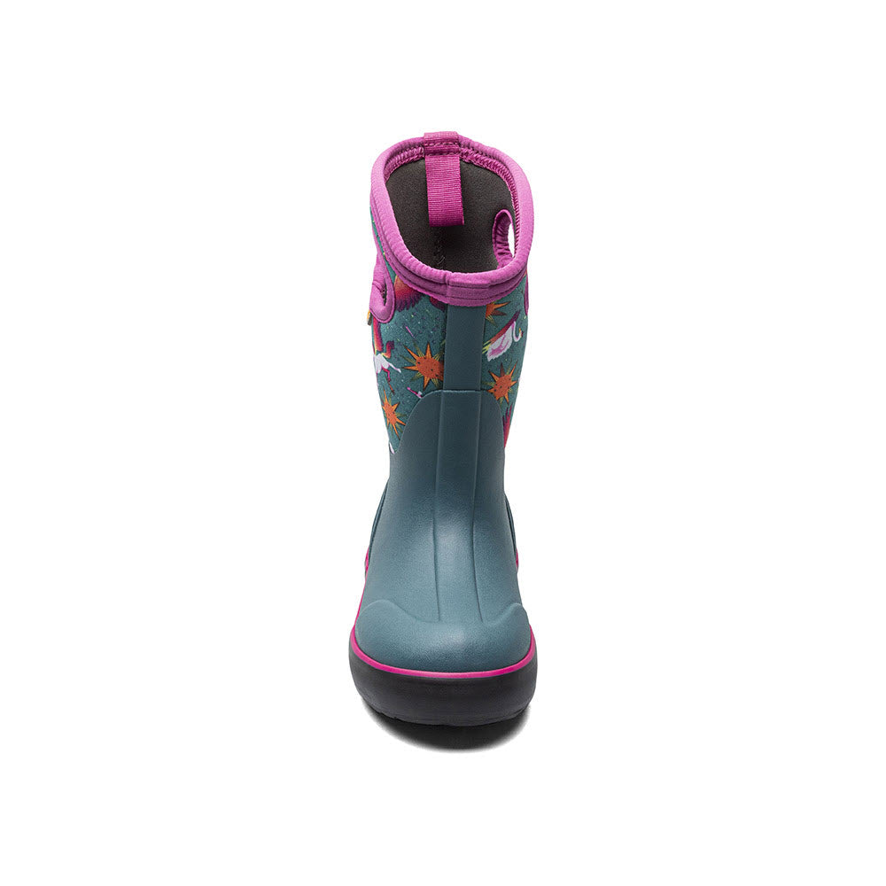 A child&#39;s teal and pink Bogs Classic II Space Pegasus rain boot decorated with colorful leaves, viewed from the front against a white background and designed for better traction.