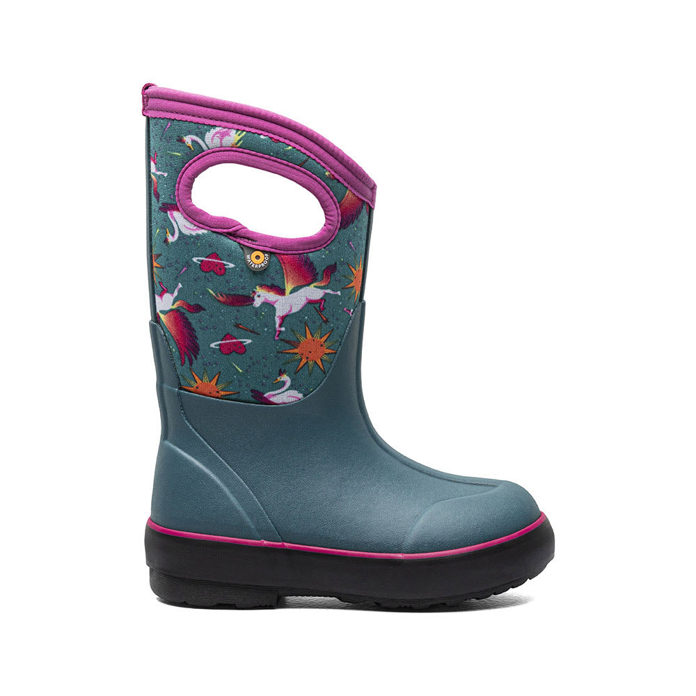 A child&#39;s BOGS CLASSIC II SPACE PEGASUS rain boot in teal with a colorful dinosaur print and pink accents, displayed against a white background. These kids&#39; classic boots offer better traction. (Brand Name: Bogs)