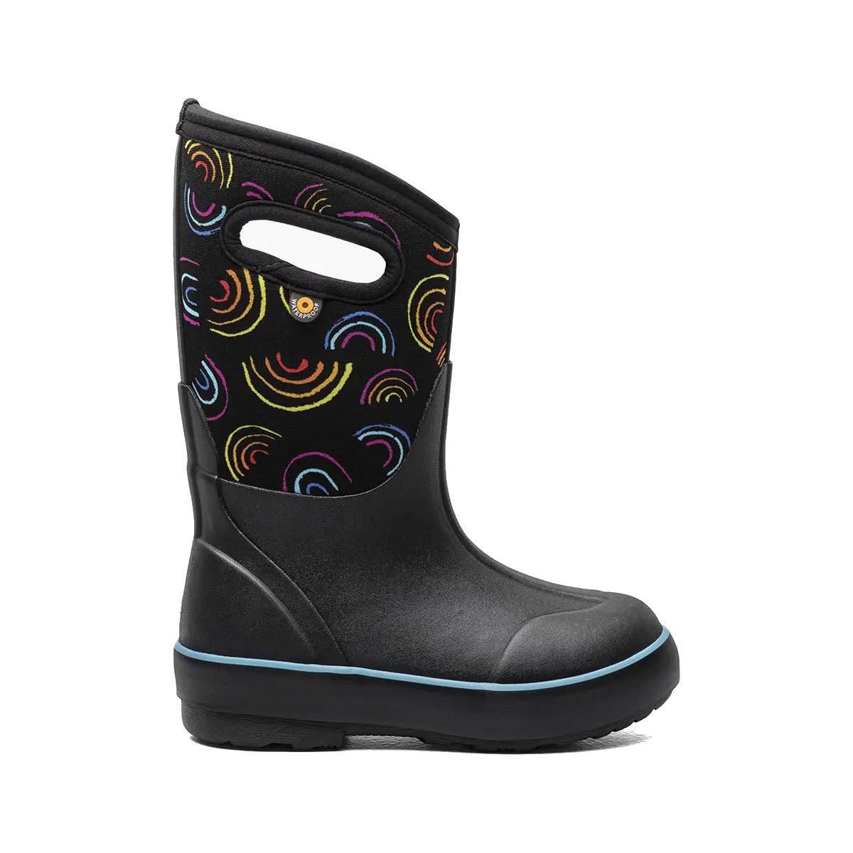 Children’s Bogs Classic II Wild Rainbows black rubber boot with a colorful swirl pattern on the upper section, featuring better traction and a blue trim around the sole.