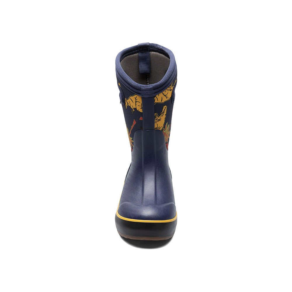 A Bogs navy blue children&#39;s rain boot with yellow dinosaur prints and a loop at the back for easy wear, designed for better traction.