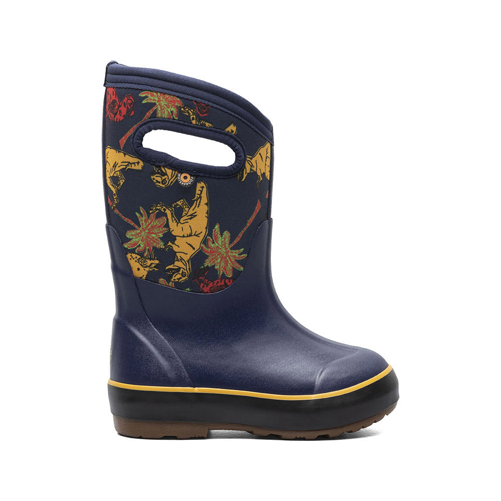 Child&#39;s Bogs Classic II Dino Dodo Navy Multi rain boot featuring a dinosaur and foliage print on a white background, designed for better traction.