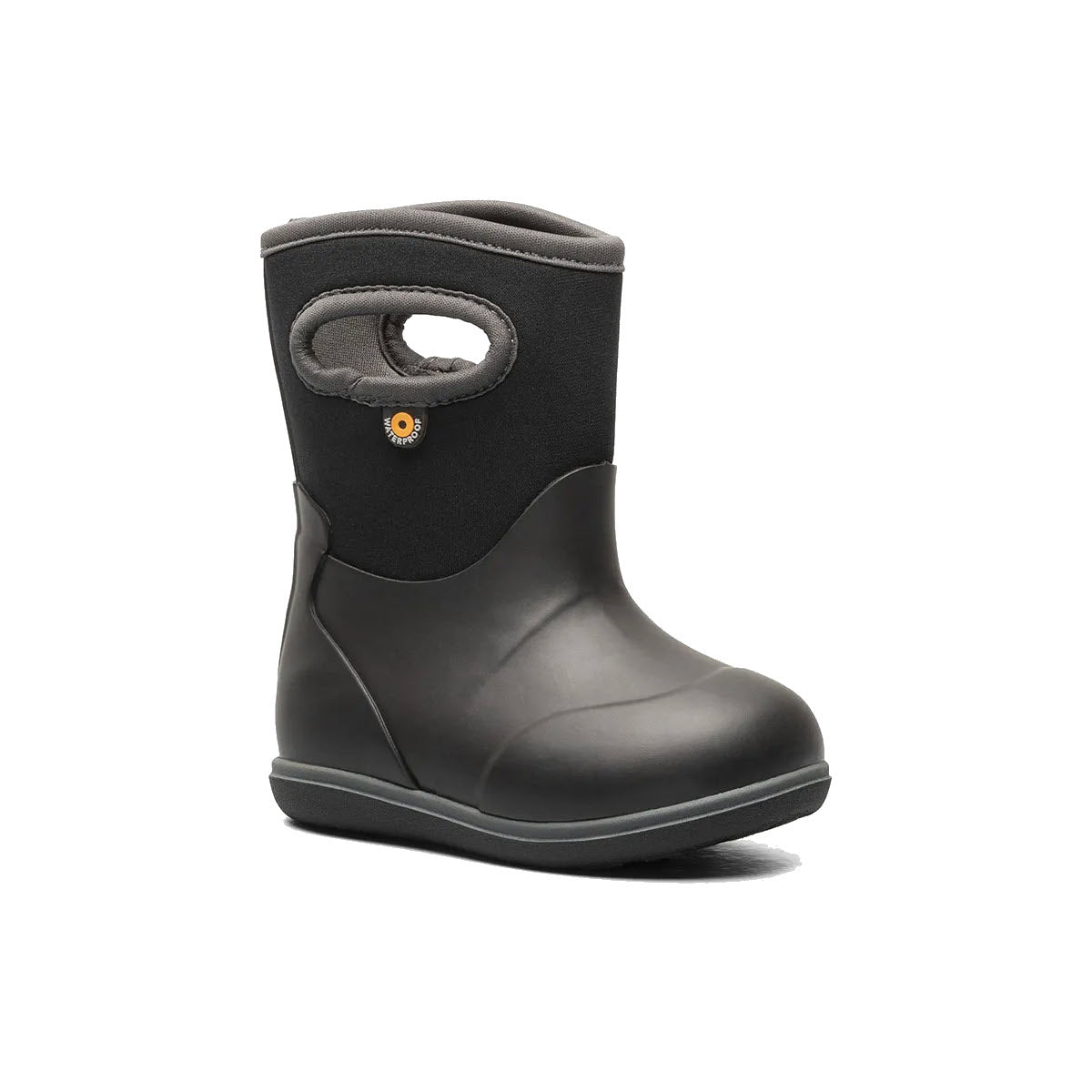 A single Bogs Baby Classic Solid Black waterproof rubber boot with a neoprene upper and a loop handle on a white background.