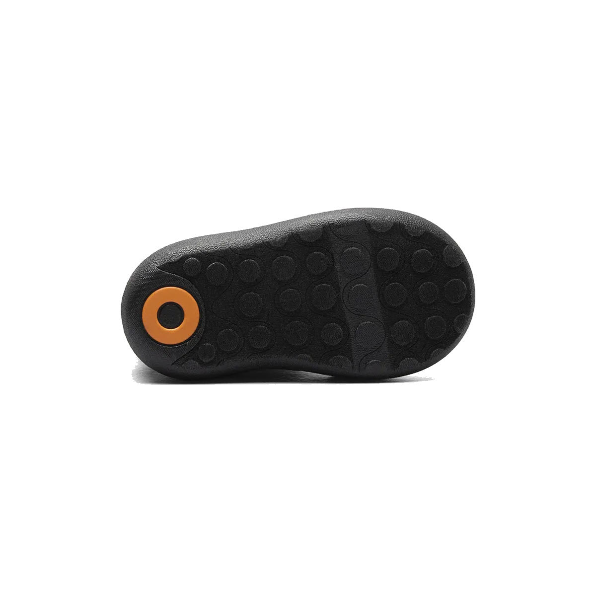 Black waterproof shoe sole with textured circular patterns and a single orange circle near the heel of the Bogs Baby Classic Solid Black - Toddlers.