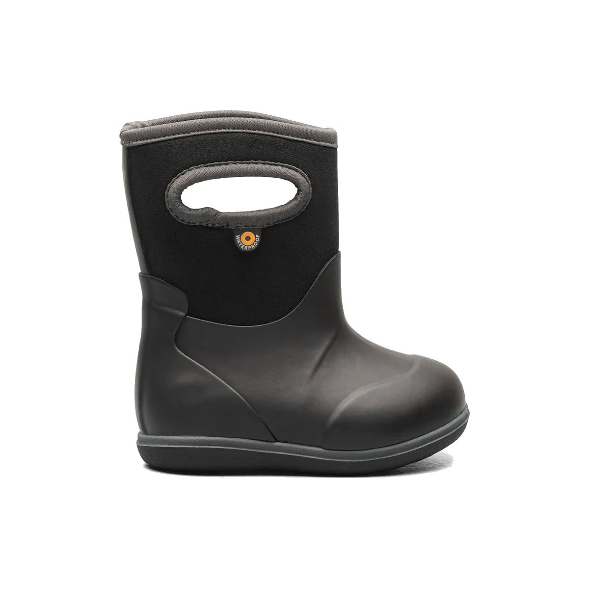 A black rubber boot with a high top featuring a gray neoprene cuff, waterproof construction, and a small orange logo near the handle - the BOGS BABY CLASSIC SOLID BLACK from Bogs.