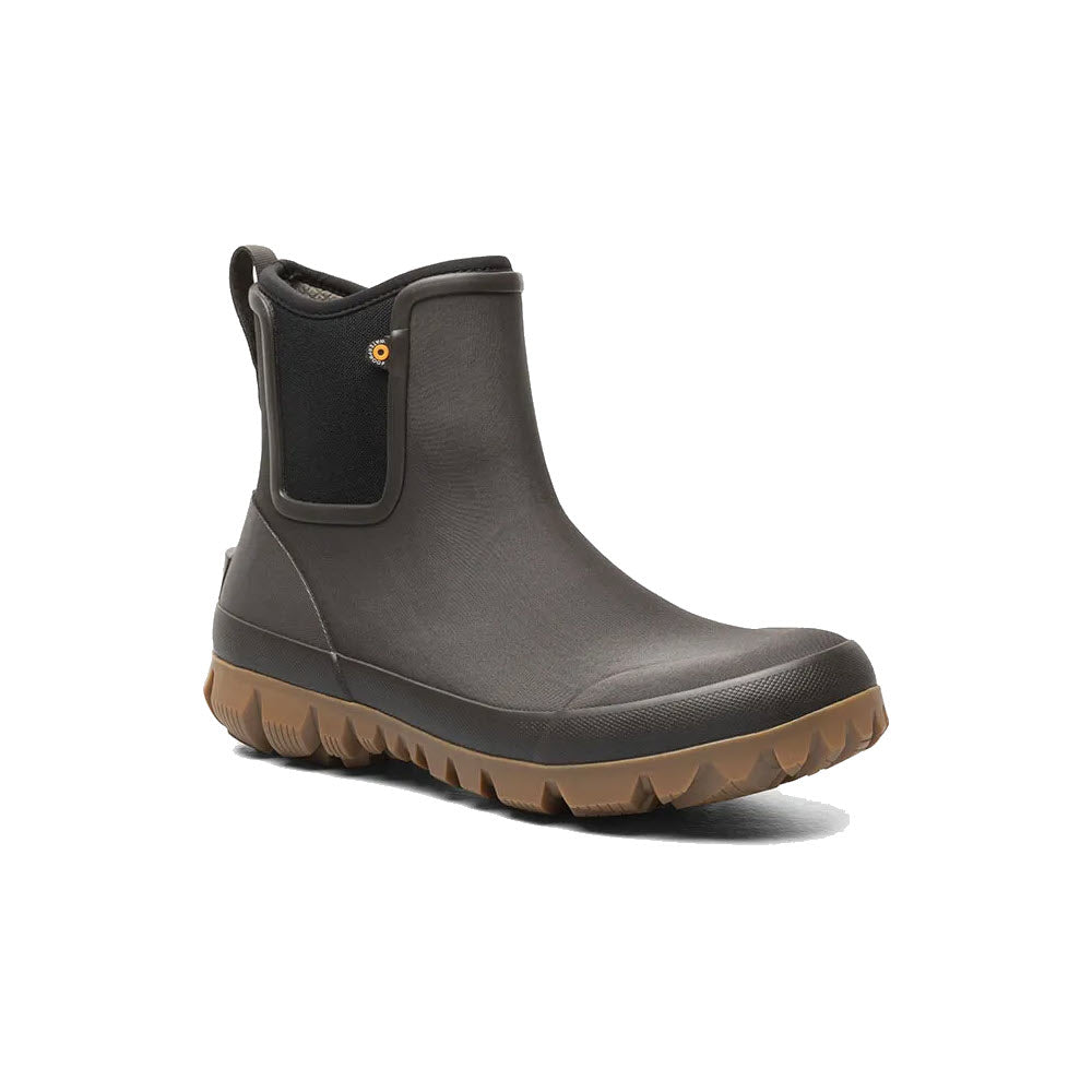A single Bogs Arcata Urban Chelsea Dark Brown men&#39;s ankle boot with a thick slip-resistant sole, displayed against a plain white background.