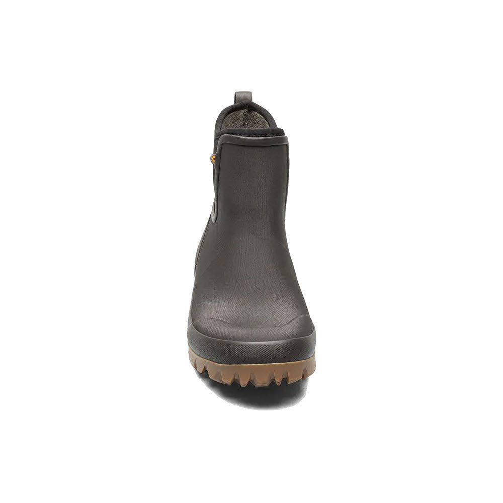 A single Bogs Arcata Urban Chelsea Dark Brown ankle boot with a chunky, slip-resistant rubber sole and a zipper at the back, displayed against a white background.