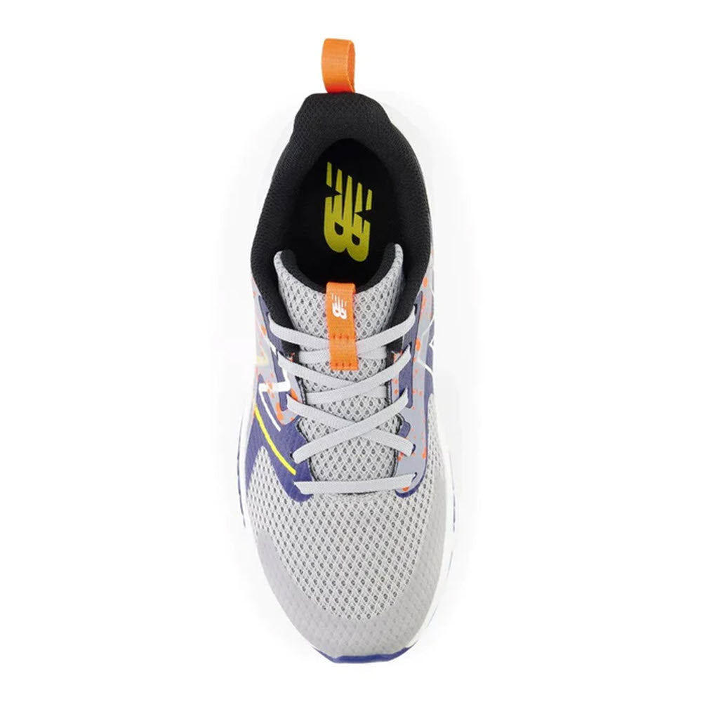 Top view of the New Balance Rave Run v2 Rain Cloud kids&#39; running shoe with gray mesh, purple and orange accents, and a distinctive logo on the insole.