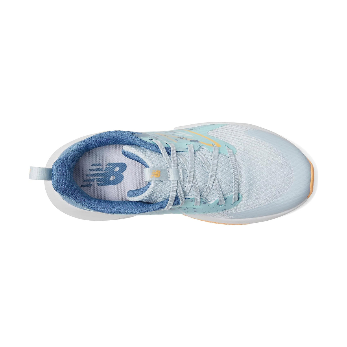 Top view of a light blue and white New Balance Rave Run v2 kids’ running shoe with a yellow sole accent. 

Replace with:
Top view of a light blue and white NEW BALANCE RAVE RUN V2 ICE BLUE - KIDS kids’ running shoe with a yellow sole accent.