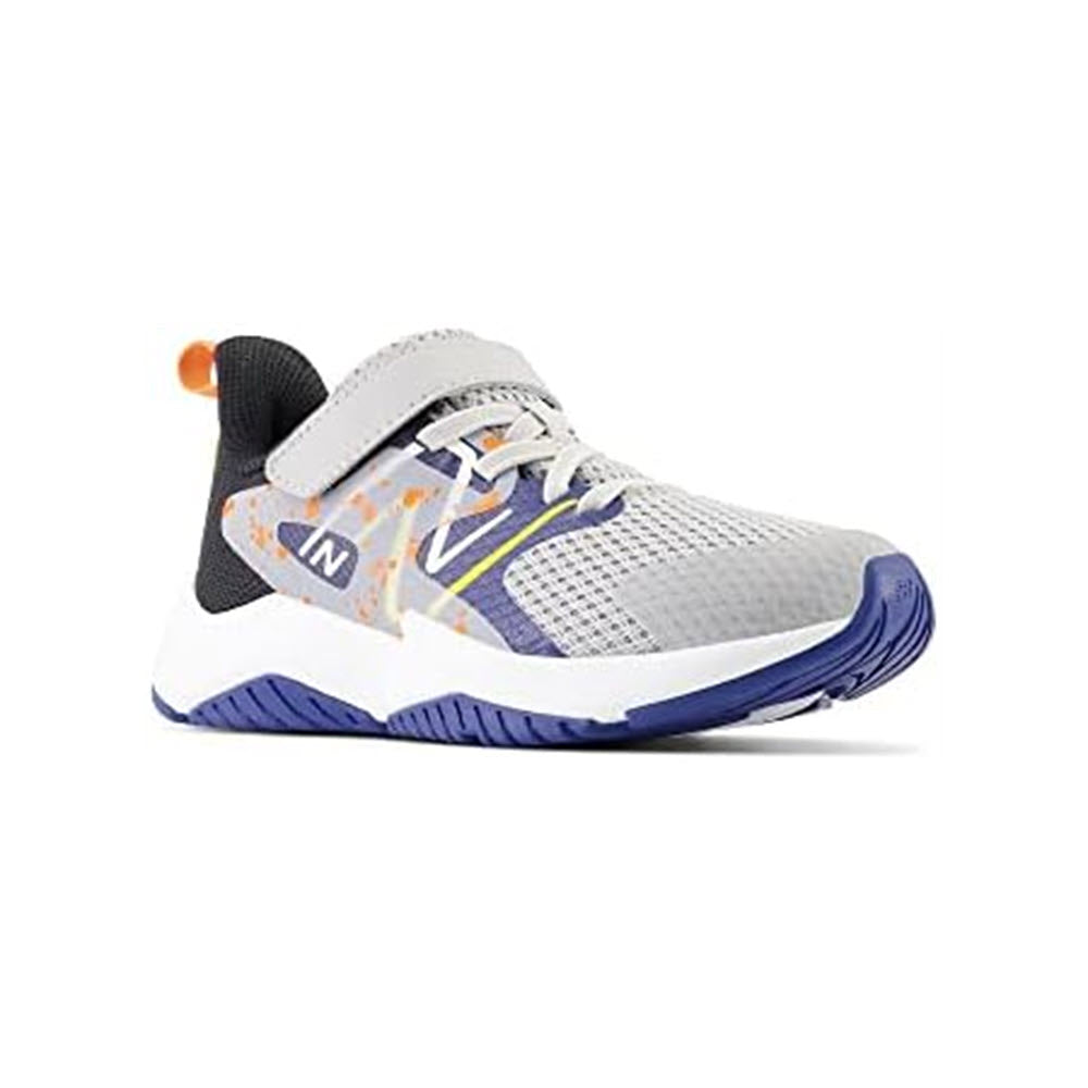 Kids’ running shoe, gray and blue New Balance Rave Run v2 Rain Cloud with orange accents on a white background.
