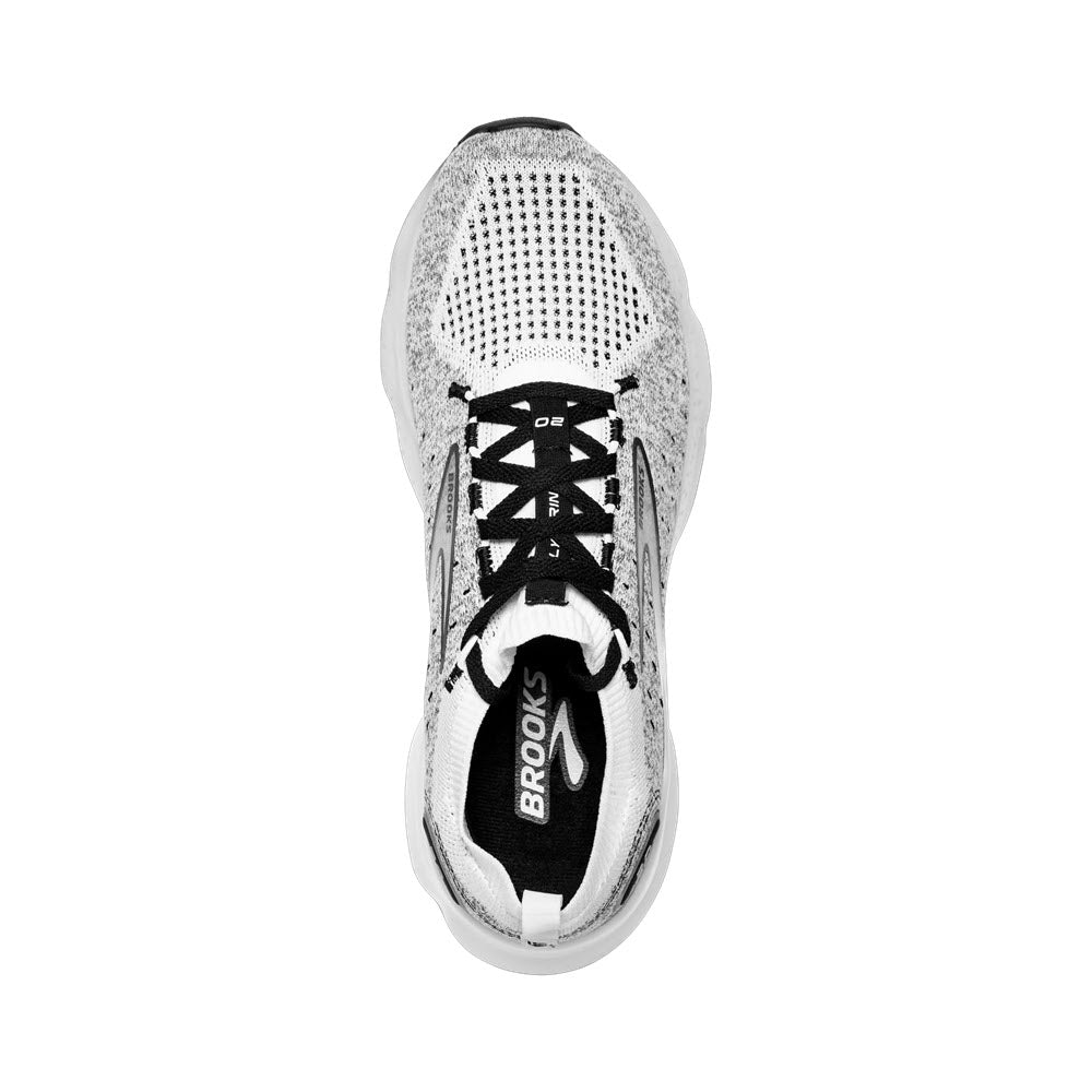 Top view of a single white and black Brooks Glycerin StealthFit 20 running shoe with laces tied.