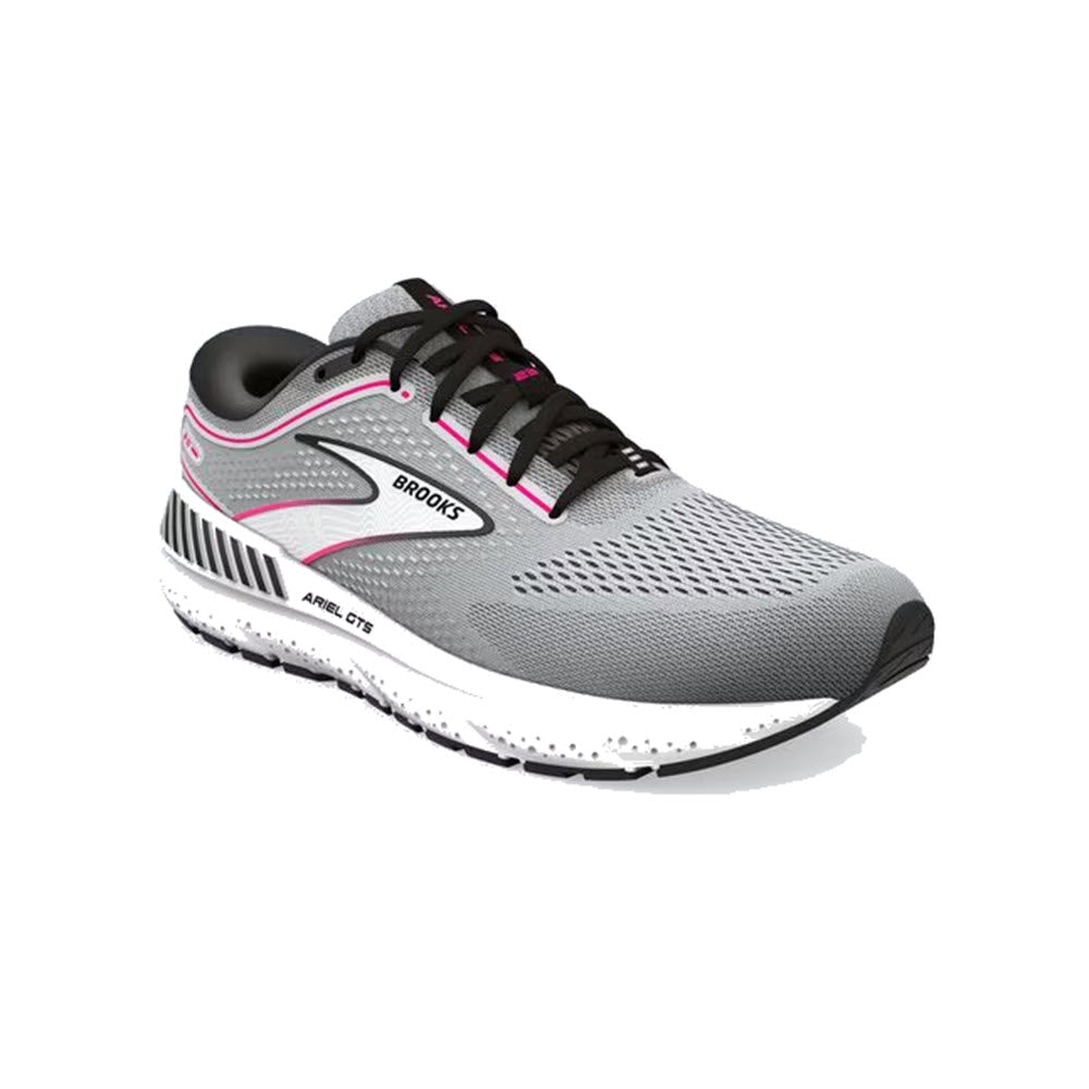 A Brooks Ariel GTS &#39;23 Grey/Black/Pink - Women&#39;s running shoe with DNA LOFT v3 cushioning, on a white background.