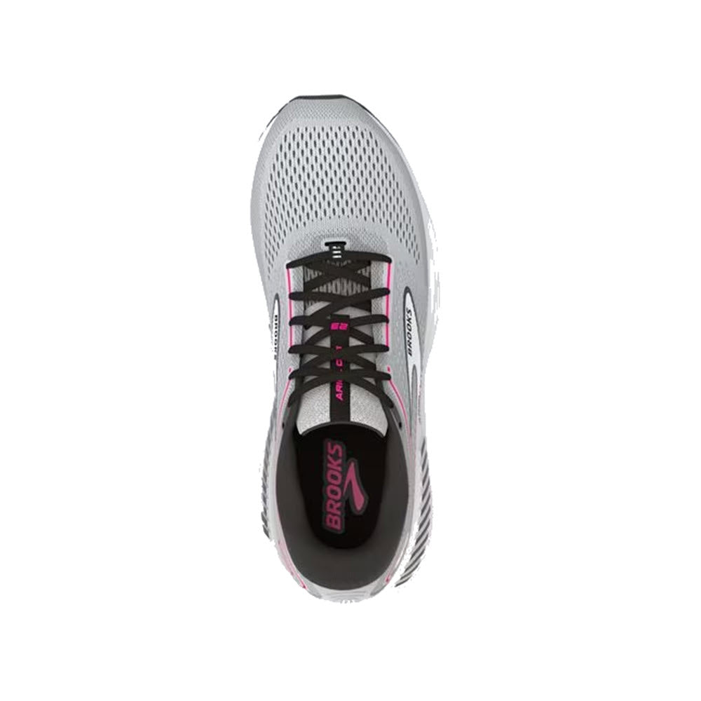 Top view of a gray Brooks Ariel GTS &#39;23 running shoe with black and pink accents, featuring GuideRails system.