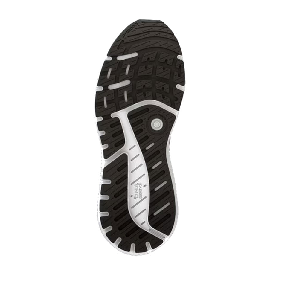Tread pattern of a Brooks Ariel GTS &#39;23 Grey/Black/Pink athletic shoe sole.