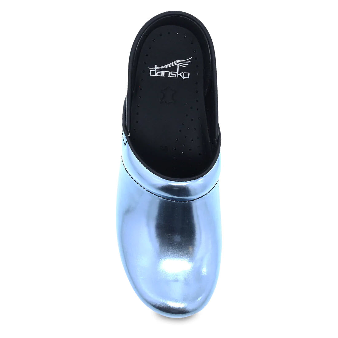 A single metallic blue Dansko Prof Sky Chrome Metallic clog viewed from the top, featuring a black interior and white stitching details around the edges.