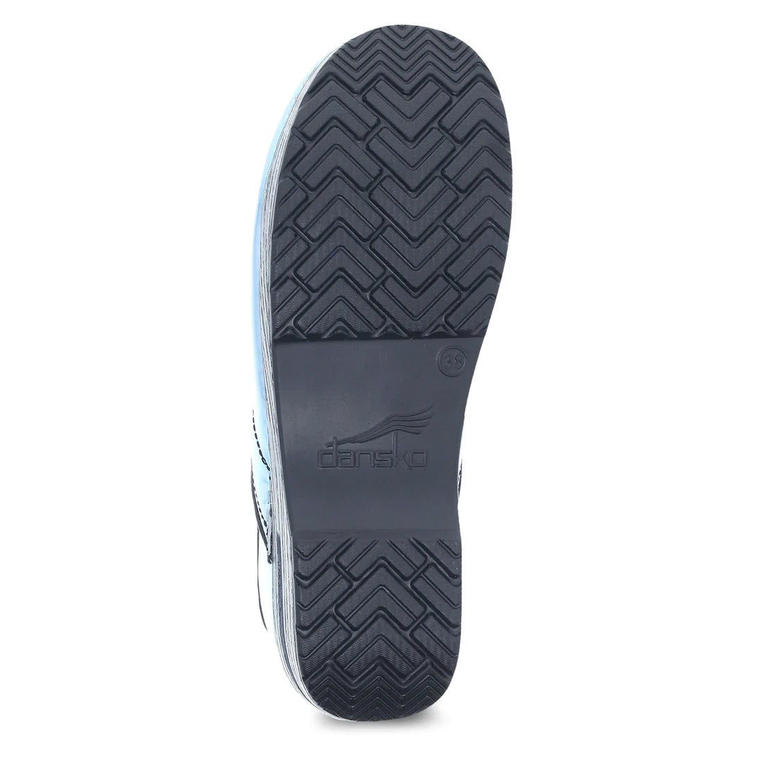 A sole view of the Dansko Prof Sky Chrome Metallic clog featuring a zigzag tread pattern and the Dansko brand logo embossed at the center.