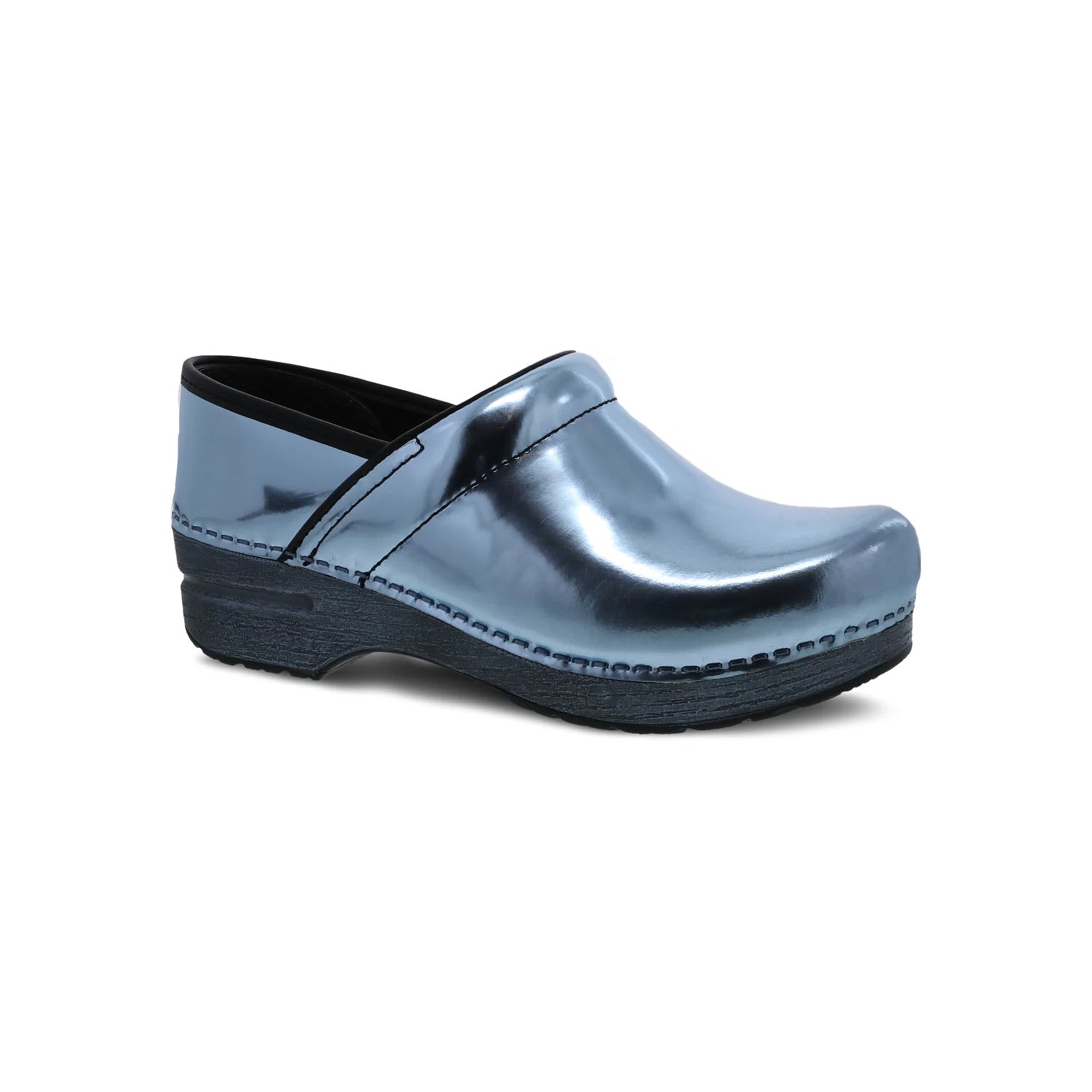 A shiny navy blue Dansko Professional Sky Chrome Metallic clog with a black strap and a textured sole on a white background.