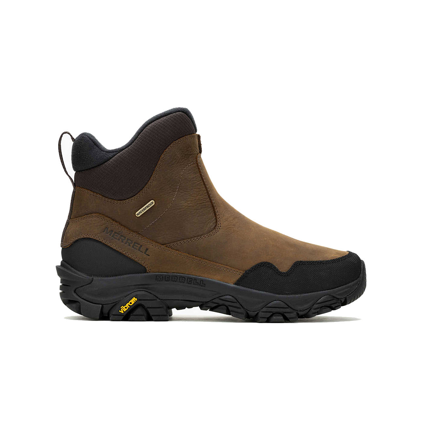 A single brown and black Merrell Coldpack 3 Thermo Tall Zip WP Earth hiking boot displayed against a white background.
