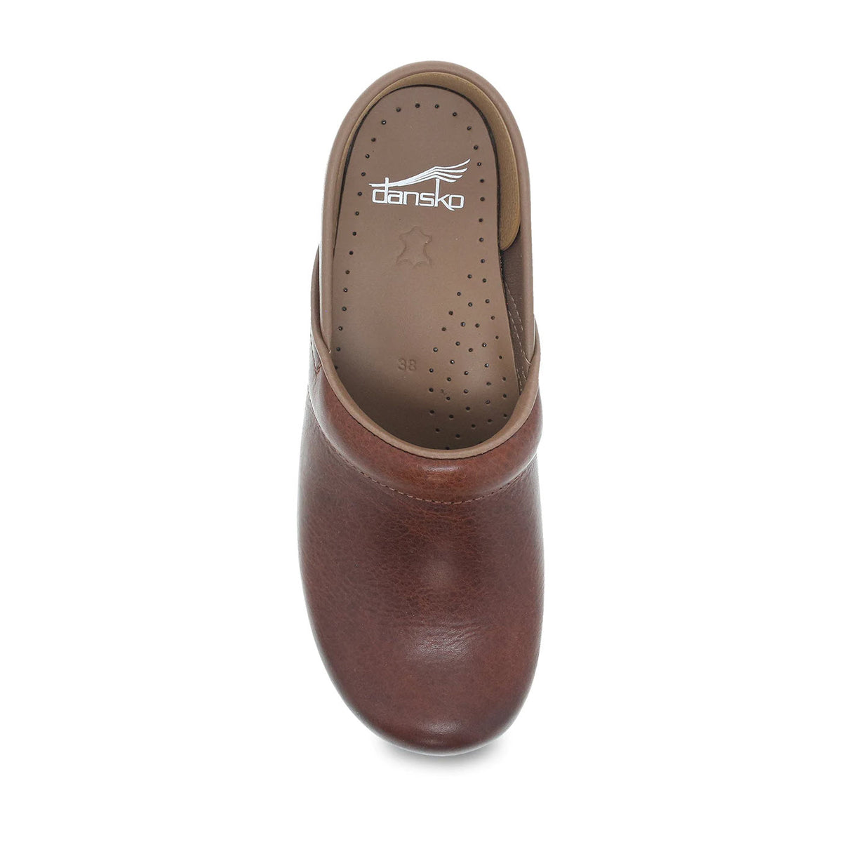Top view of a single brown Dansko Professional clog showing the brand label inside the shoe.
