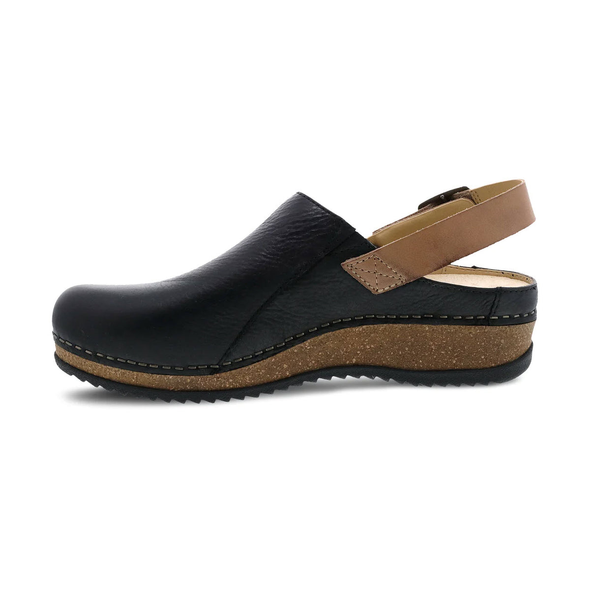 Dansko Merrin Black Waxy clog with sustainable cork platform sole, isolated on a white background.
