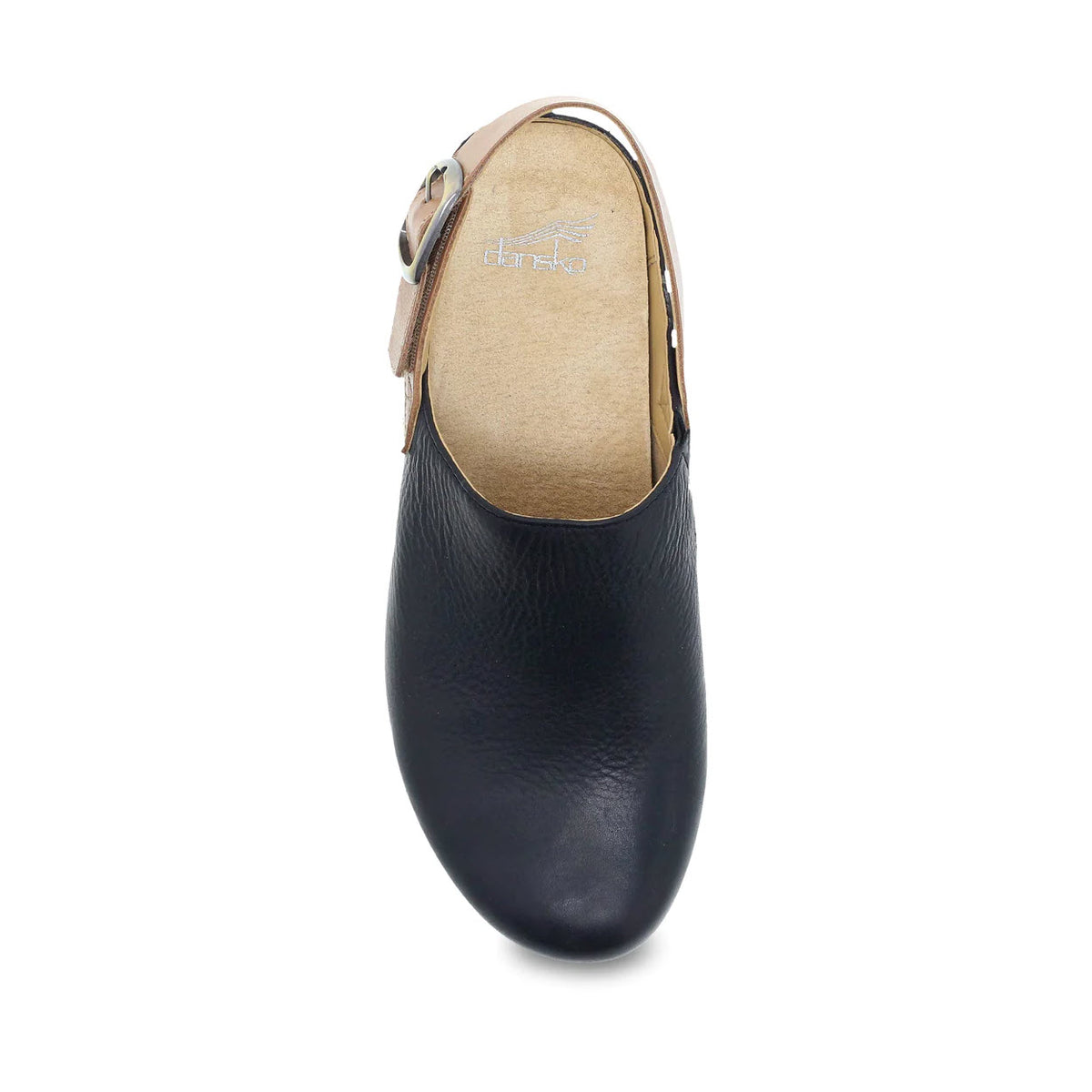 Top-down view of a Dansko Merrin Black Waxy shoe, crafted with high-quality leathers and featuring a strap closure.