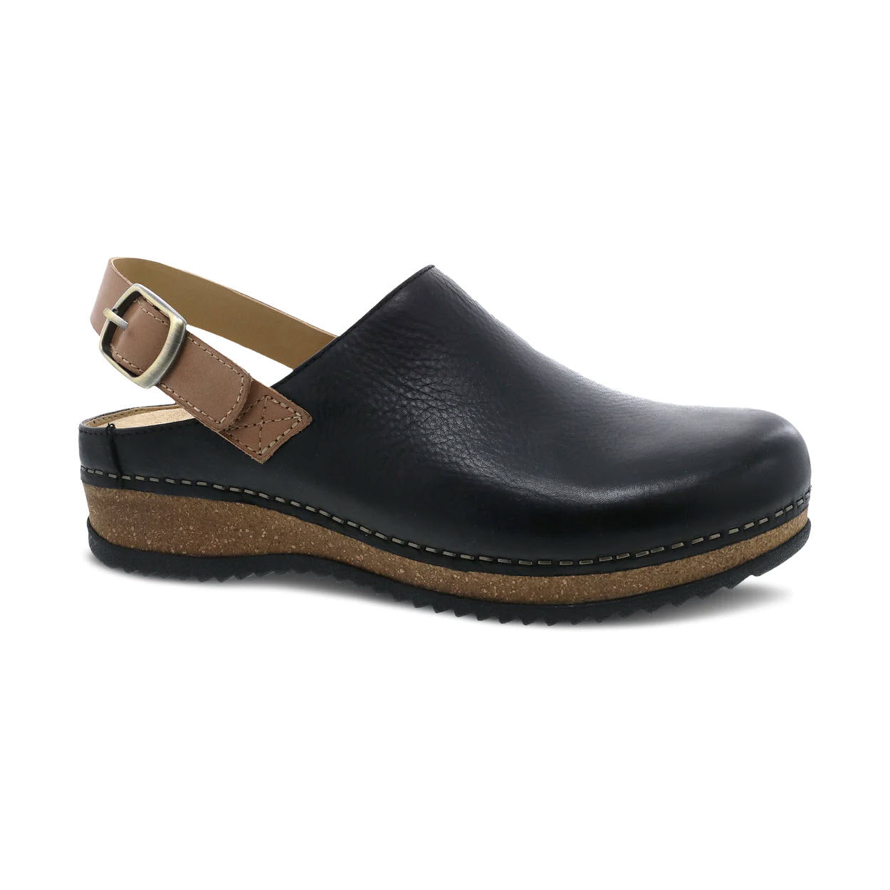 Dansko Merrin Black Waxy clog with a strap and sustainable cork sole isolated on a white background.