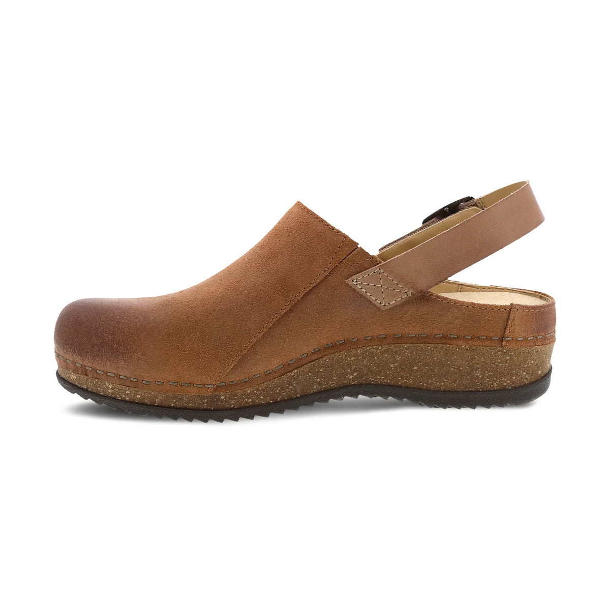 Side view of a DANSKO MERRIN TAN - WOMENS clog with an adjustable heel strap and a sustainable cork platform sole, isolated on a white background.