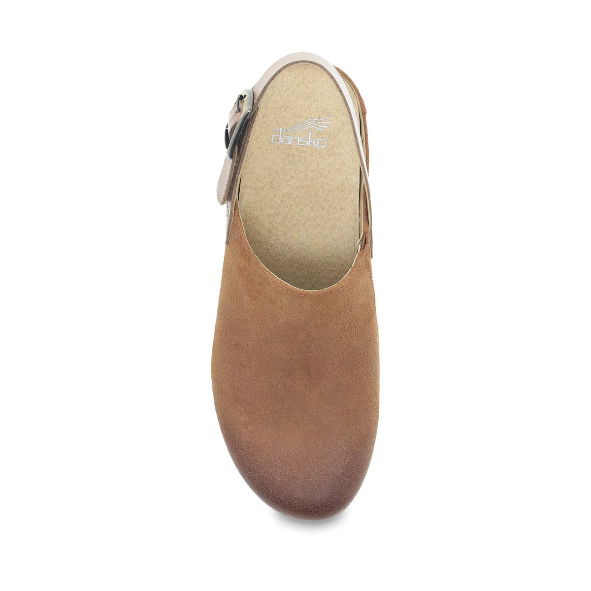 Top view of a single brown suede mary jane shoe with a heel strap, displaying the Dansko logo on the insole.