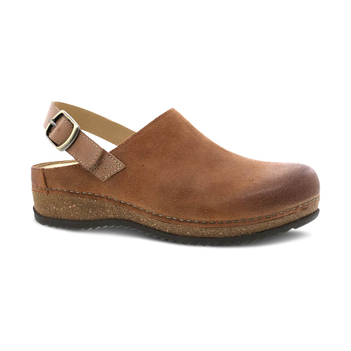 A single Dansko Merrin Tan women&#39;s clog with a heel strap and sustainable cork base, isolated on a white background.