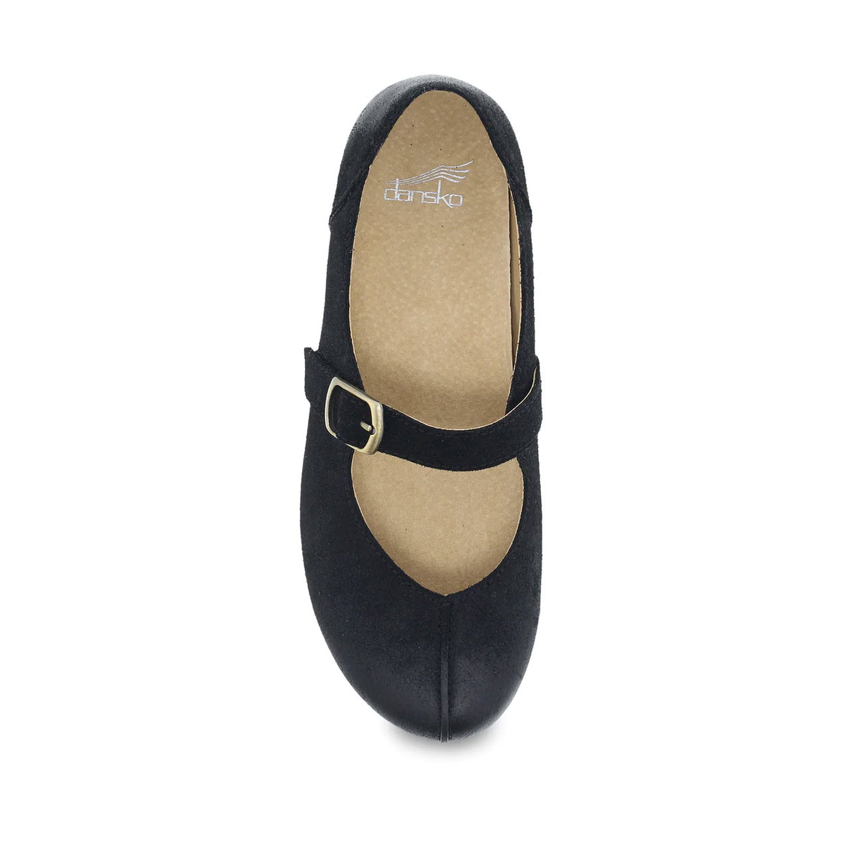 Black Dansko Mika Mary Jane shoe with a single strap and buckle, crafted from high-quality leathers, viewed from above on a white background.