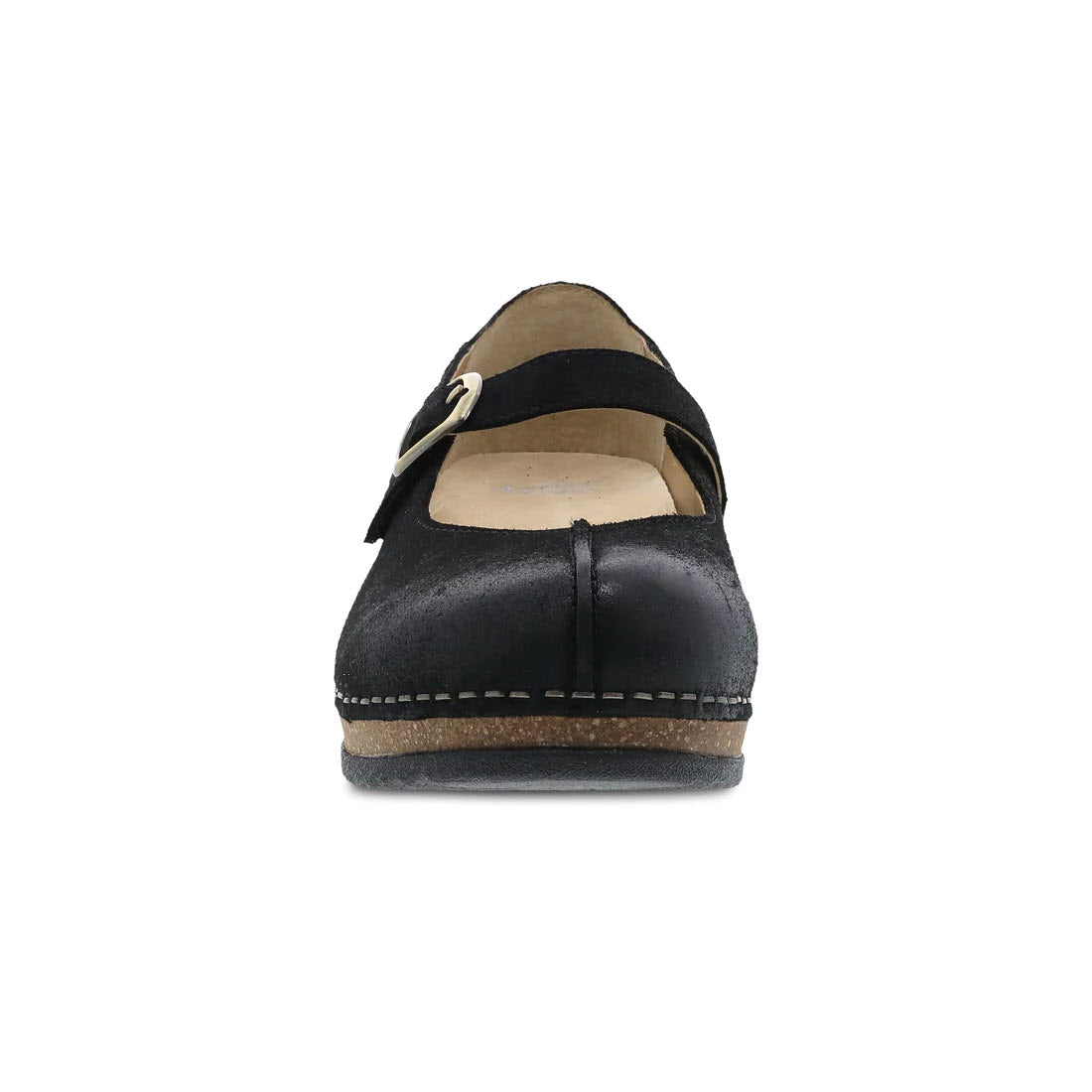 Front view of a single black Dansko Mika shoe crafted from high-quality leathers with a strap over the instep, displayed against a white background.