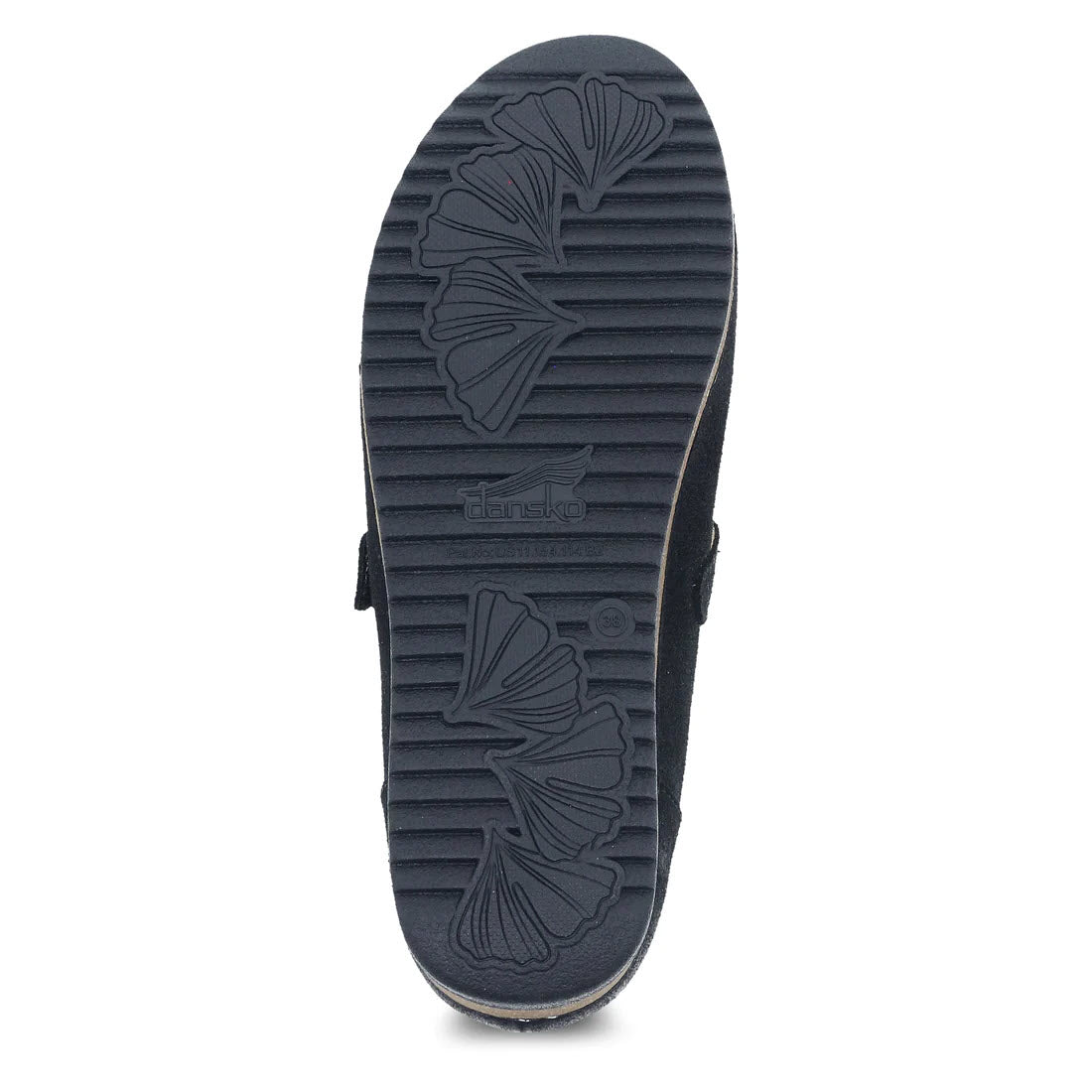 Bottom view of a single navy blue Dansko Mary Jane sandal showing a detailed tread pattern and the brand logo &quot;Dansko&quot;.
