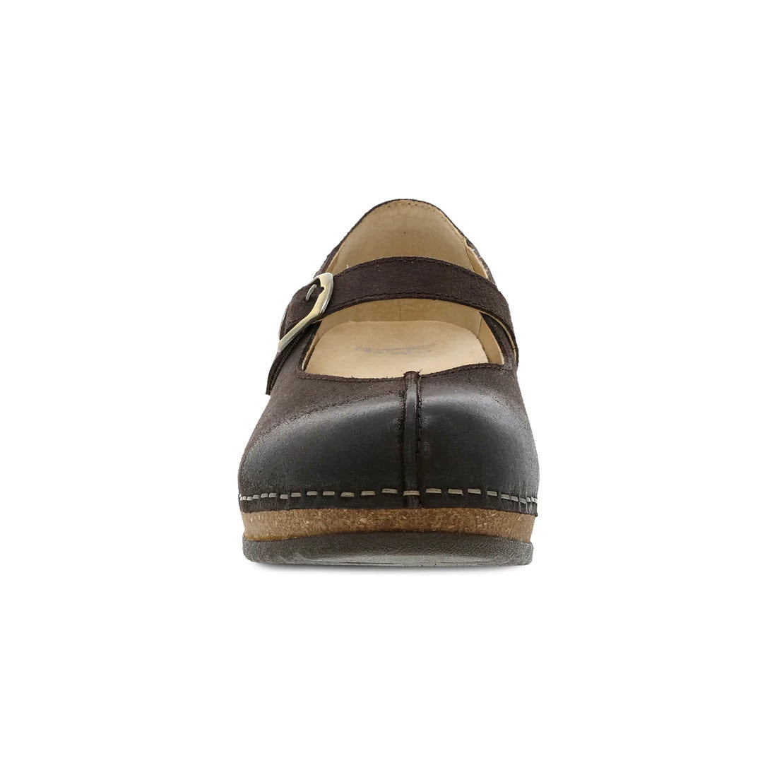 Front view of a single dark gray Dansko Mika chocolate burnished suede Mary Jane shoe crafted from high-quality leathers, with a strap and contrast stitching, isolated on a white background.