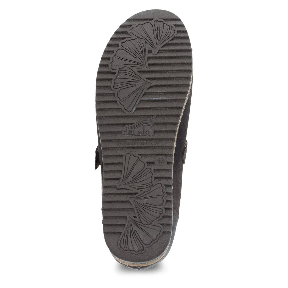 Bottom view of a single Dansko Mika Chocolate Burnished Suede shoe displaying a textured sole with brand name &quot;Dansko&quot; embossed in the center.