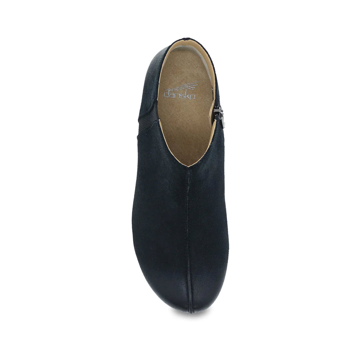 A single black suede Dansko Makara bootie with an elastic side panel and a low heel, viewed from the top front angle.