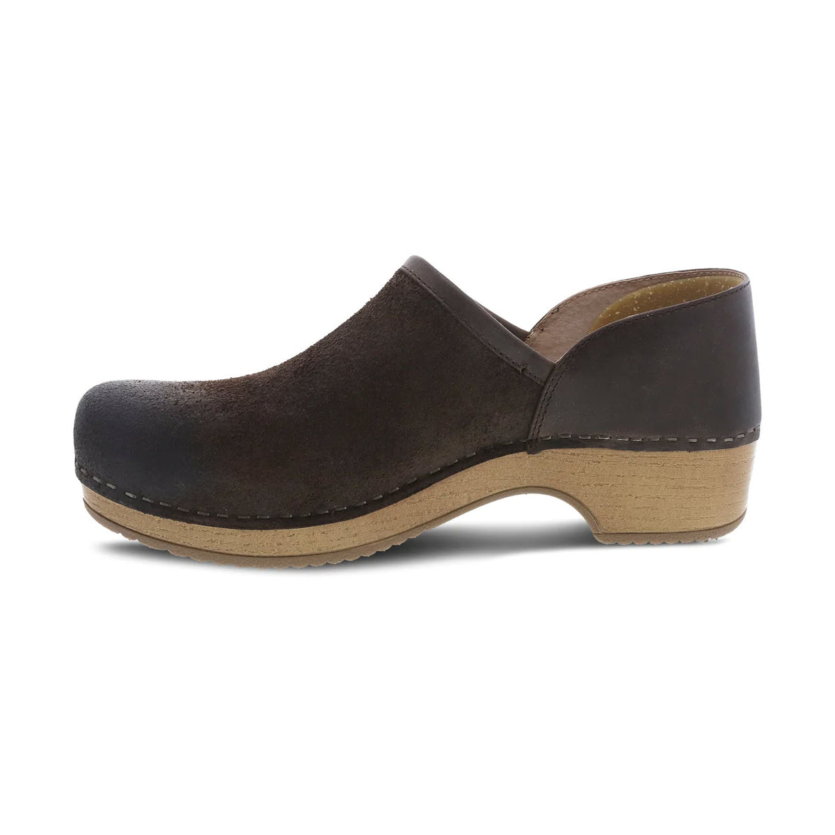 Brown and black Dansko Brenna Chocolate Burnished clog with a wooden sole and low heel, side view, isolated on a white background.
