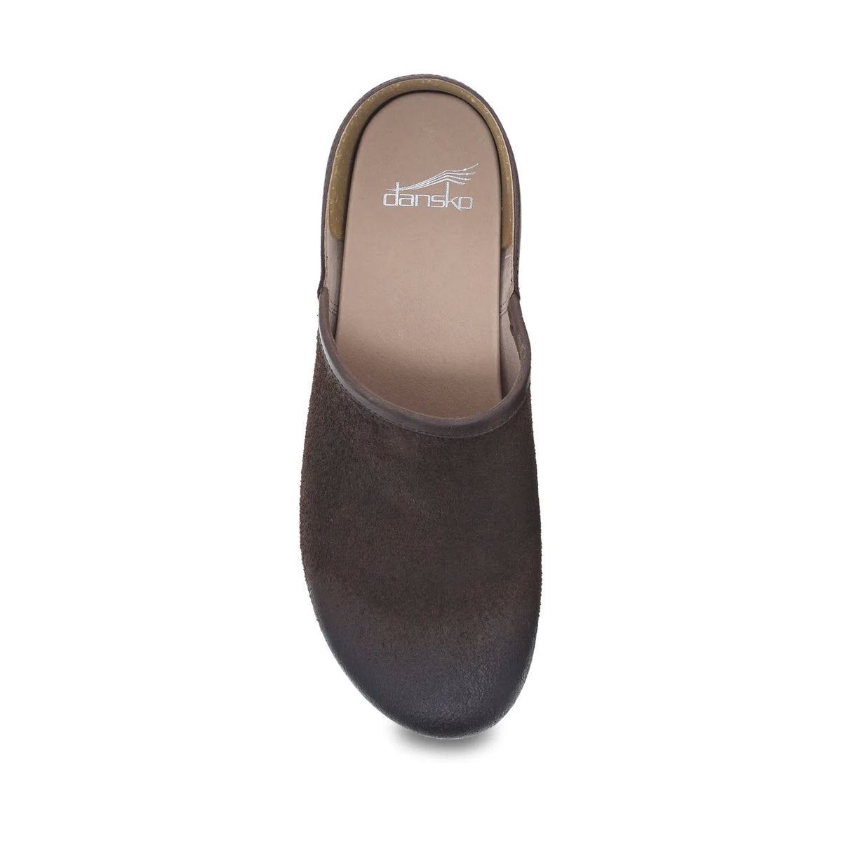 Top view of a brown Dansko Brenna Chocolate Burnished - Women&#39;s clog, a comfortable casual shoe, on a white background.