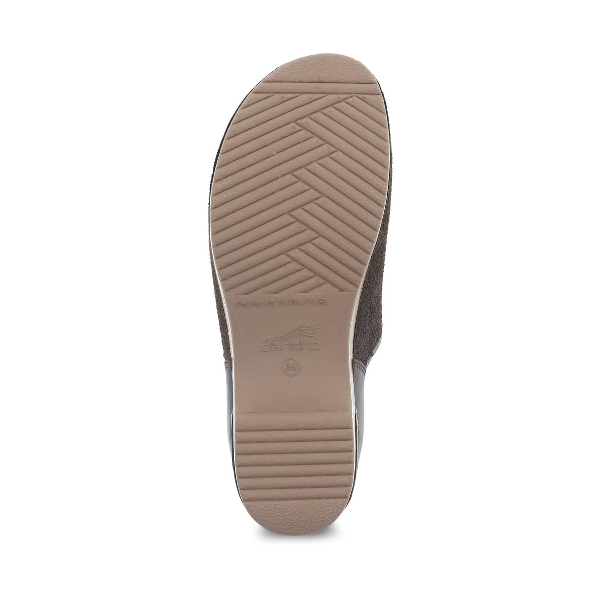 Bottom view of a brown DANSKO BRENNA CHOCOLATE BURNISHED - WOMEN shoe displaying its durable EVA outsole with engraved Dansko brand name.