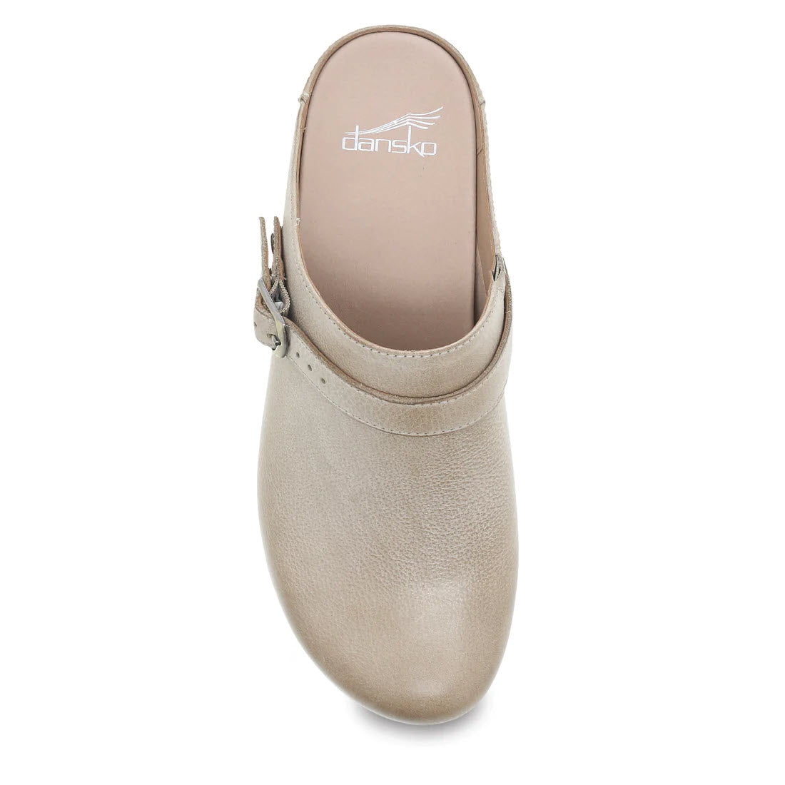 Top view of a beige leather Dansko Berry Oyster Milled mule shoe with an adjustable strap on a white background.