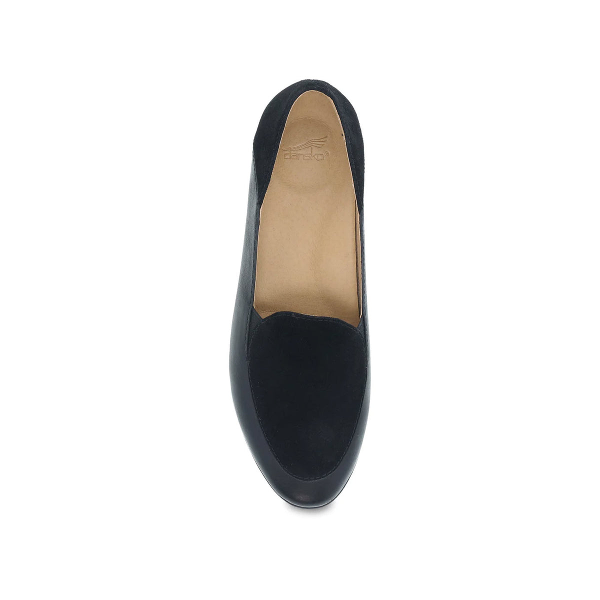 Top view of a single Dansko black suede moc loafer on a white background.