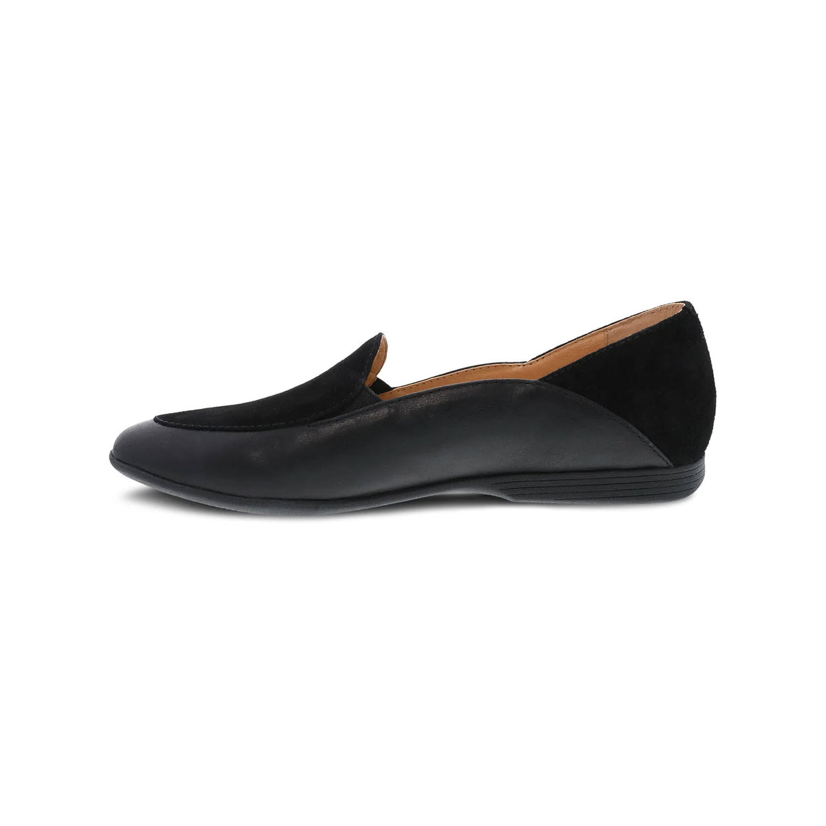 Dansko Lace Black Glazed - Women&#39;s buttery soft leather flat shoe with a low heel and rounded toe, isolated on a white background.