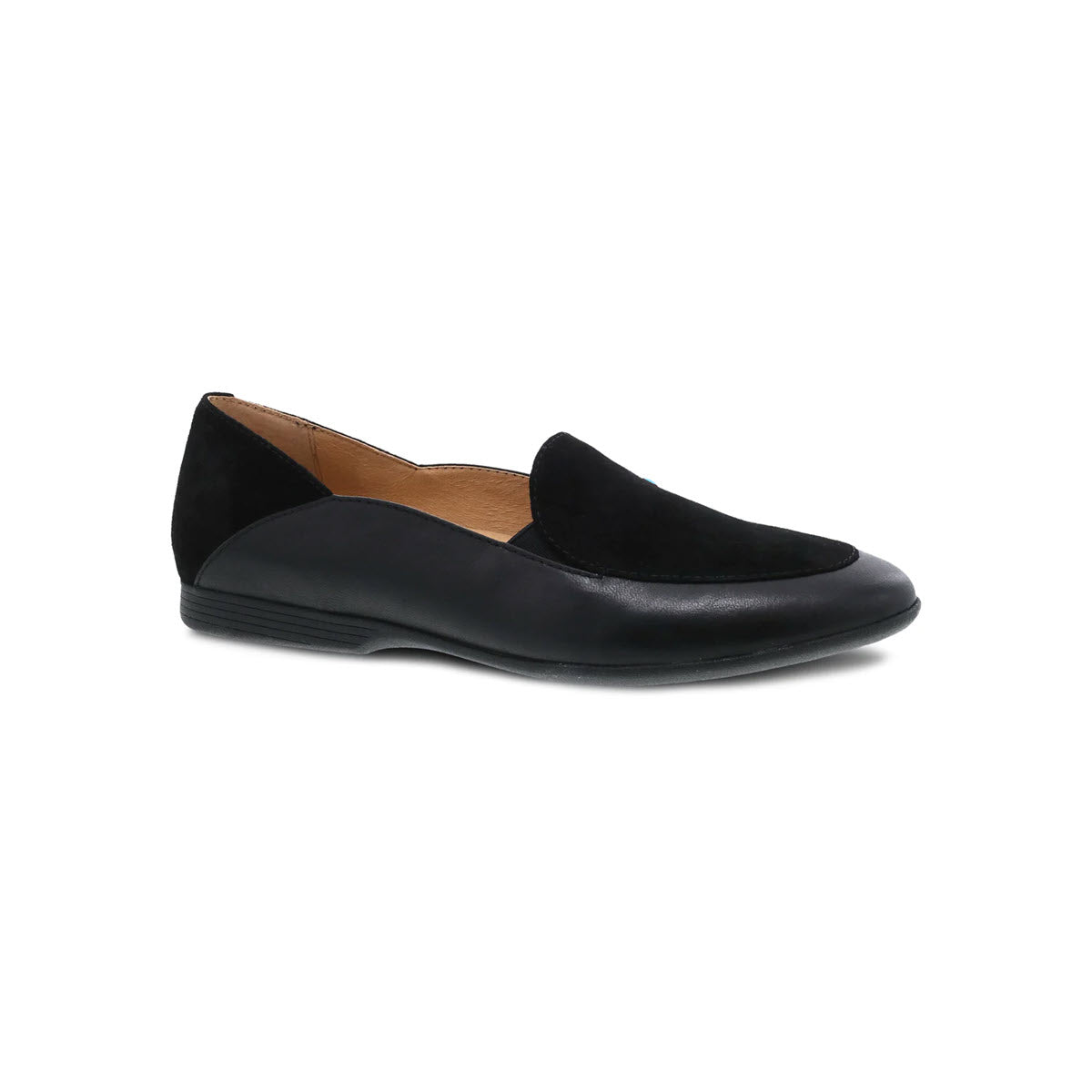 A single Dansko lace black glazed loafer shoe with a low heel and smooth finish, displayed on a white background.