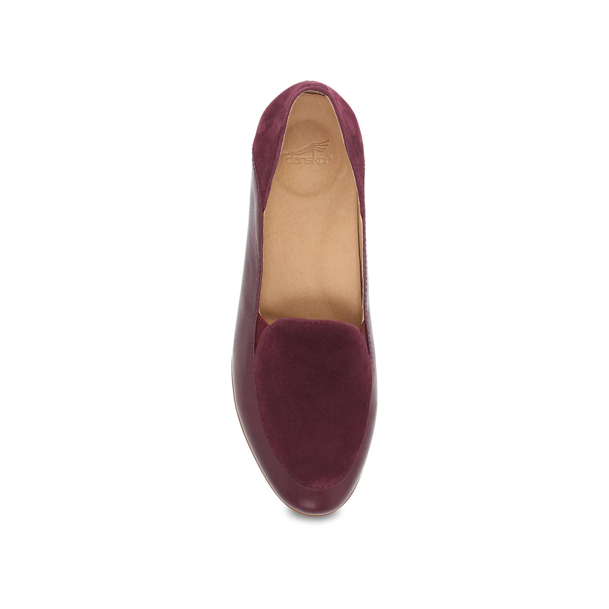 Top view of a single burgundy suede Dansko Lace Wine Glazed loafer on a white background.
