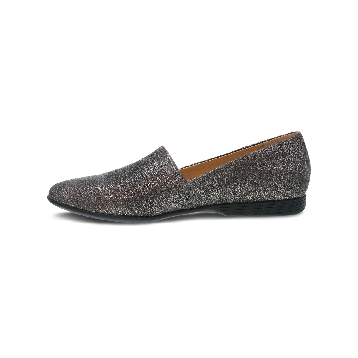 Side view of a DANSKO Larisa Pewter Metallic flat with a pointed toe and low heel, isolated on a white background.