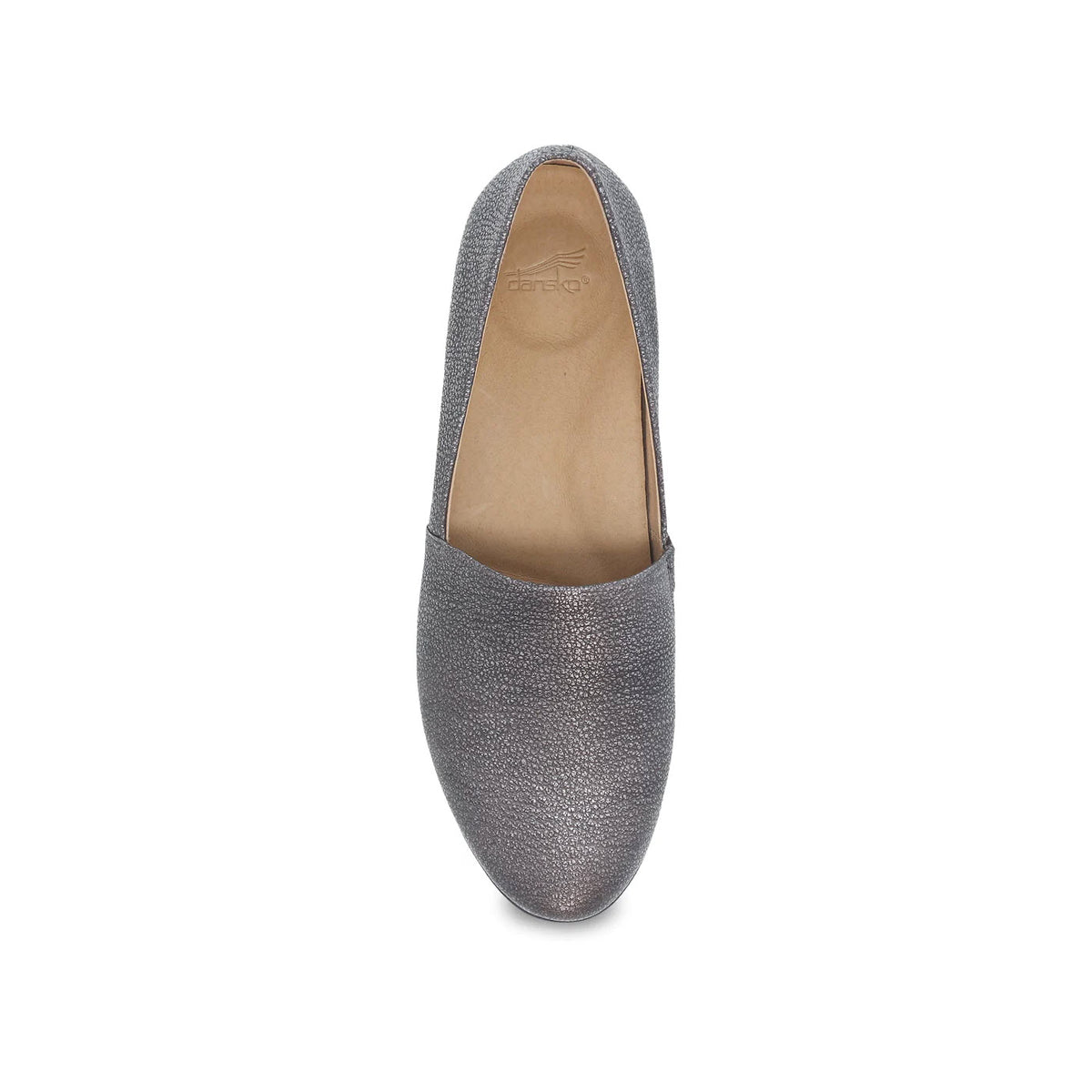 A top view of a single Dansko Larisa Pewter Metallic flat shoe with leather uppers on a white background.