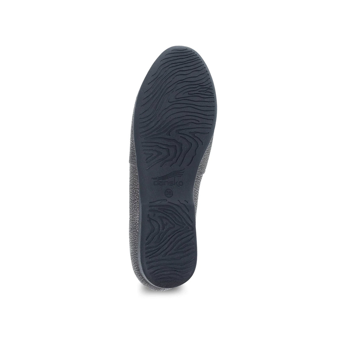 Bottom view of a DANSKO LARISA PEWTER METALLIC - WOMENS showcasing a black textured sole with arch support and the Dansko brand logo.
