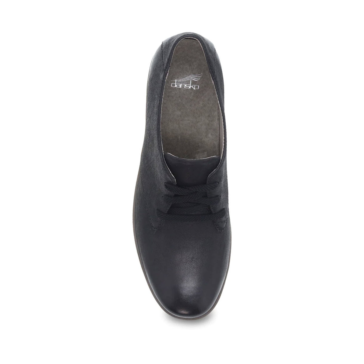 Top view of a single black Dansko Libbie Black Burnished - Womens Oxford shoe with flexible construction on a white background.