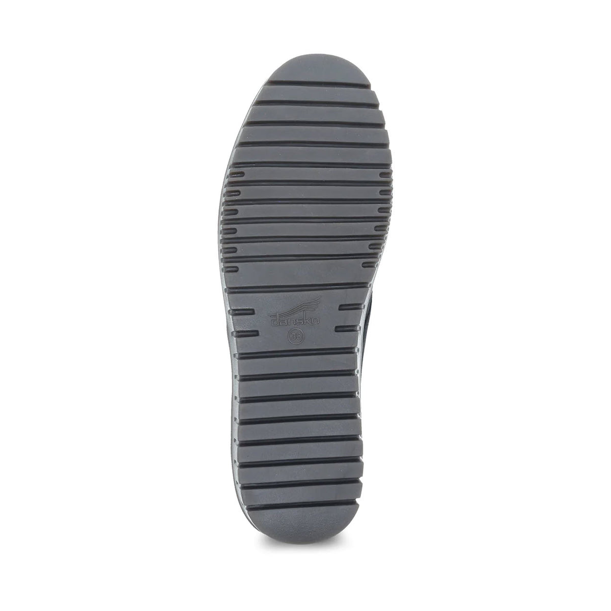 Dansko Libbie Black Burnished women&#39;s Oxford shoe sole with horizontal grooves and embossed Dansko brand logo, displayed against a white background.
