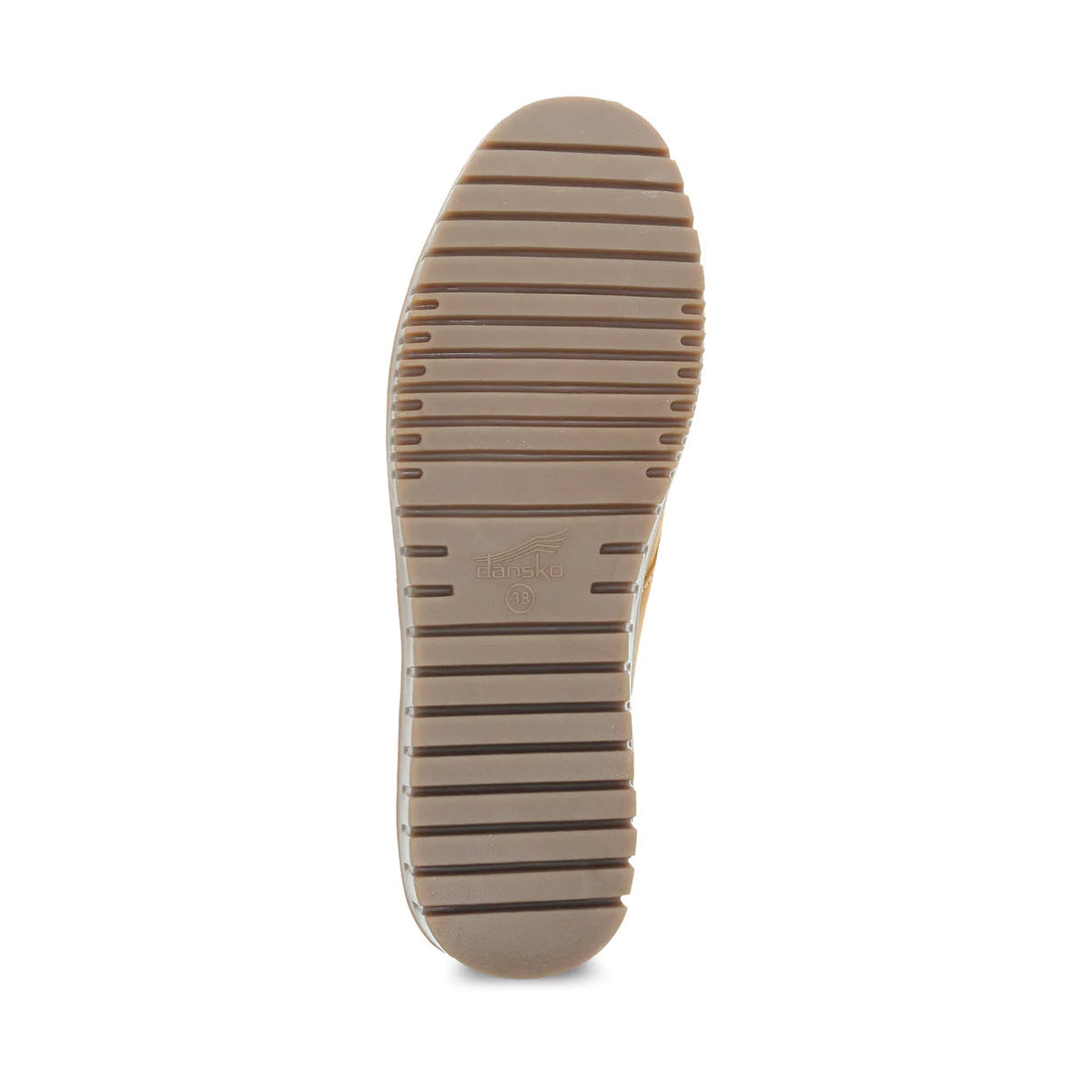 Bottom view of a brown Dansko Libbie Mustard Burnished Oxford shoe sole displaying horizontal ridges and the brand name &quot;Dansko&quot; embossed in the center, featuring Dansko Natural Arch technology.