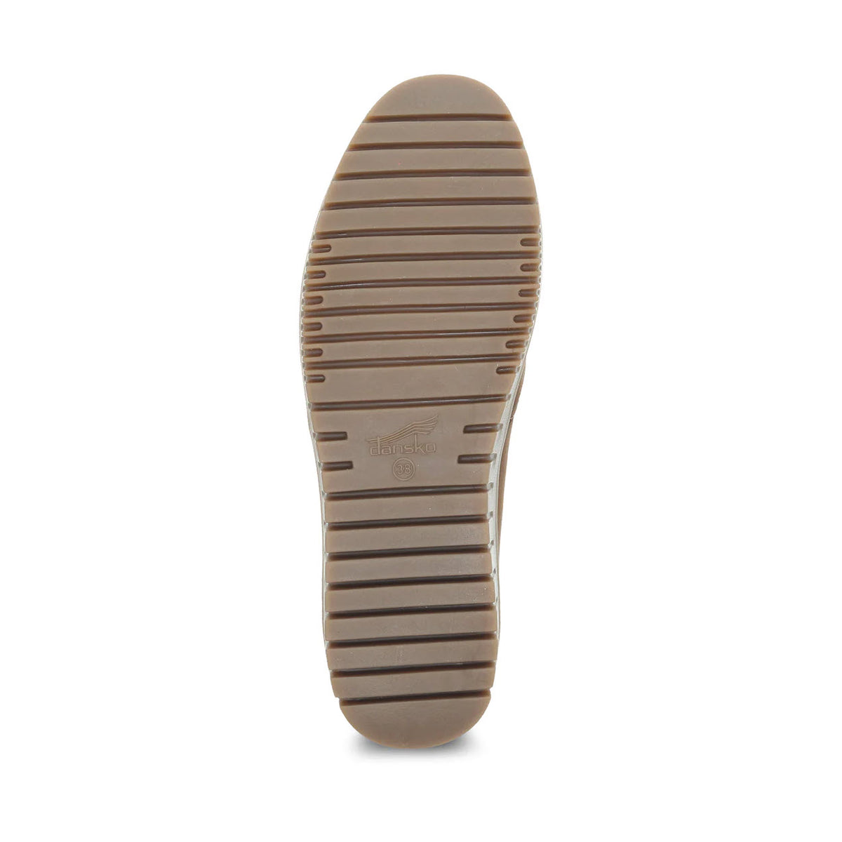 Sole of a brown shoe with molded arch shape, horizontal tread patterns, and the brand name &quot;Dansko&quot; embossed at the center.