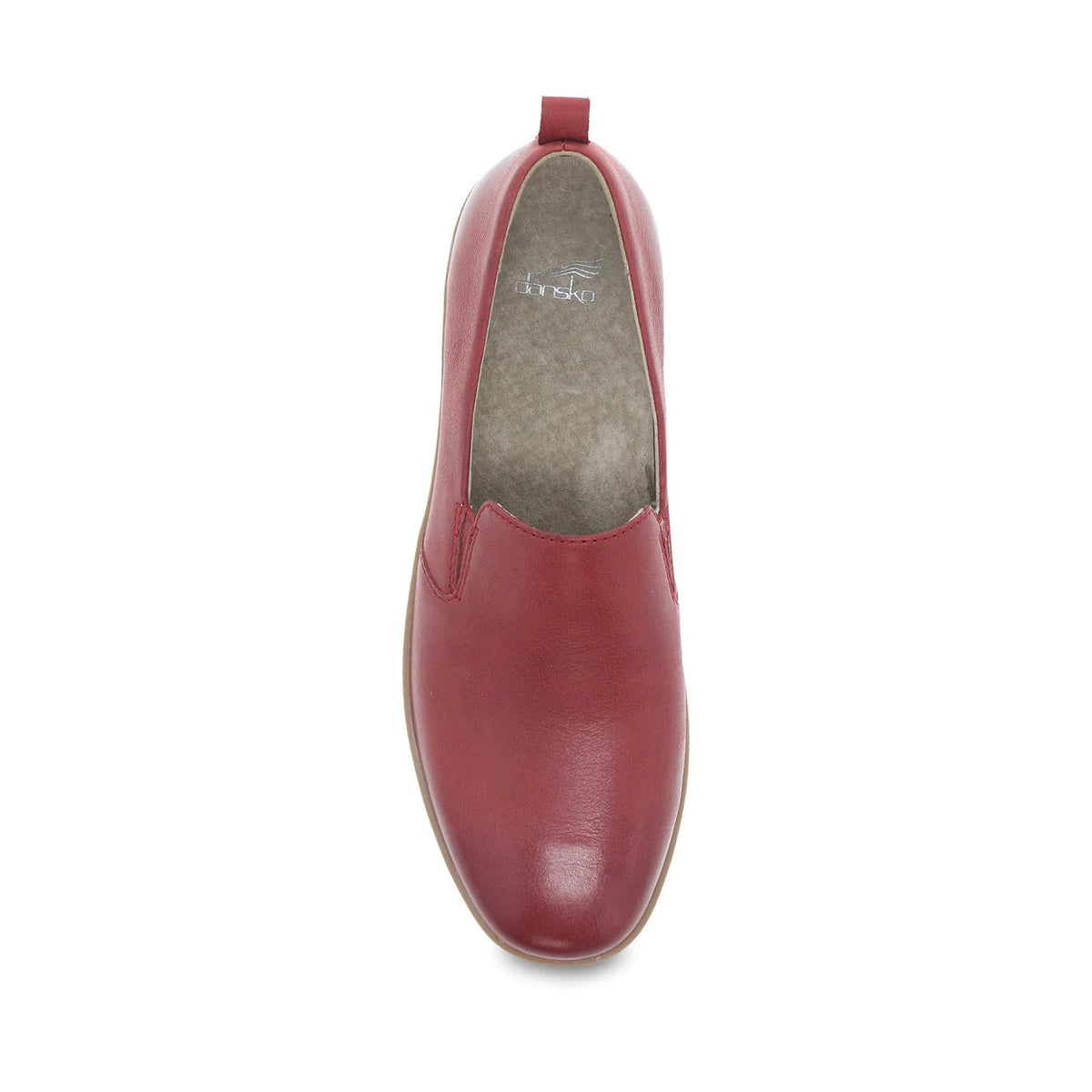 A single Dansko Linley Red Burnished loafer featuring Dansko Natural Arch support, pictured from above on a white background.